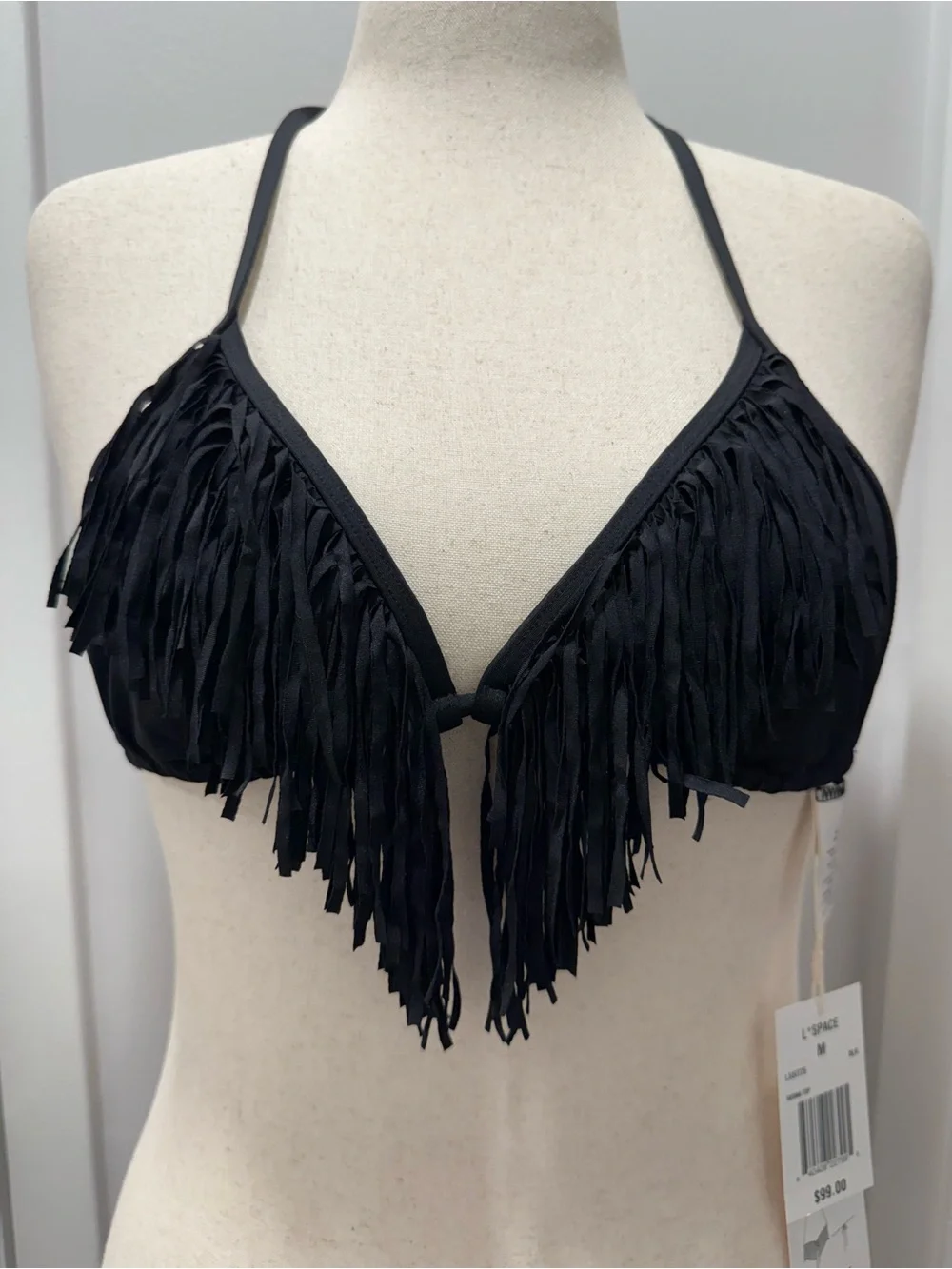 NWT L*Space Sienna Black Fringe Bikini Top M Festival Boho $99